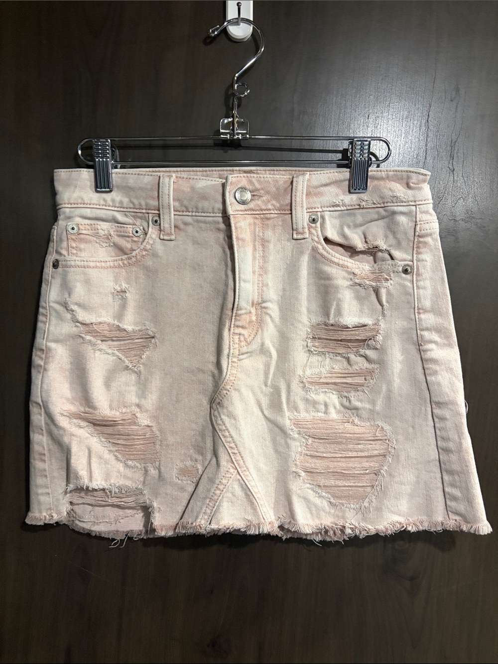 American Eagle Outfitters Blush Pink Distressed Denim Mini Skirt